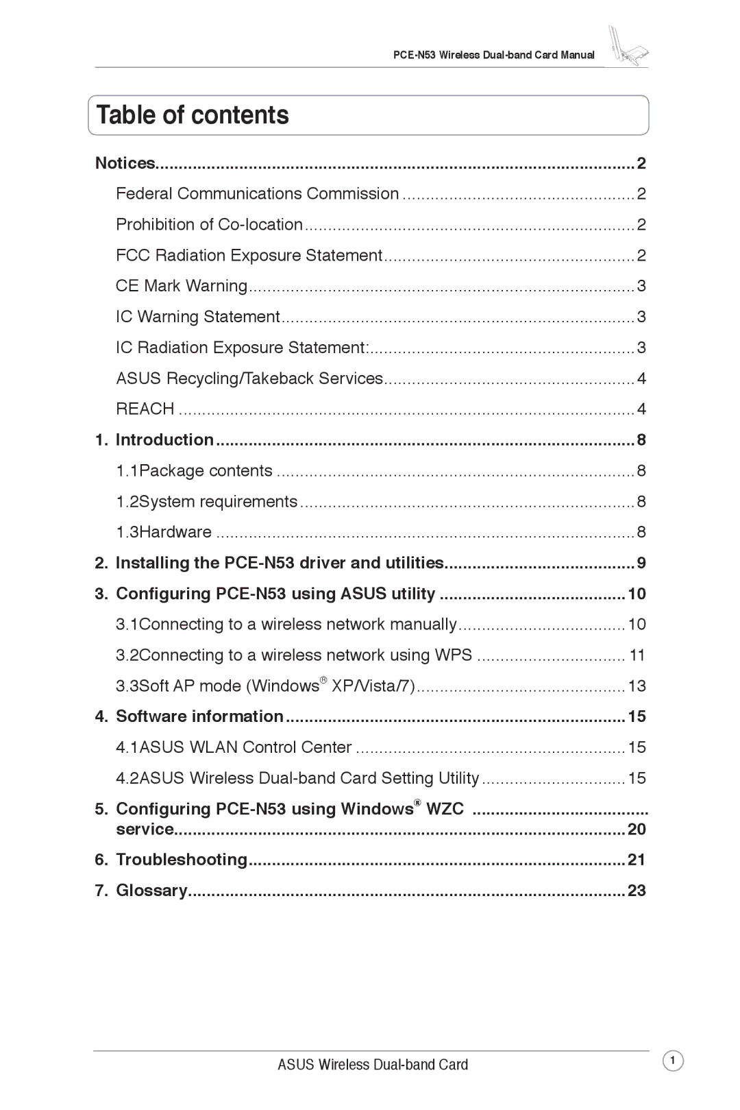 Asus PCE-N53 user manual Table of contents 