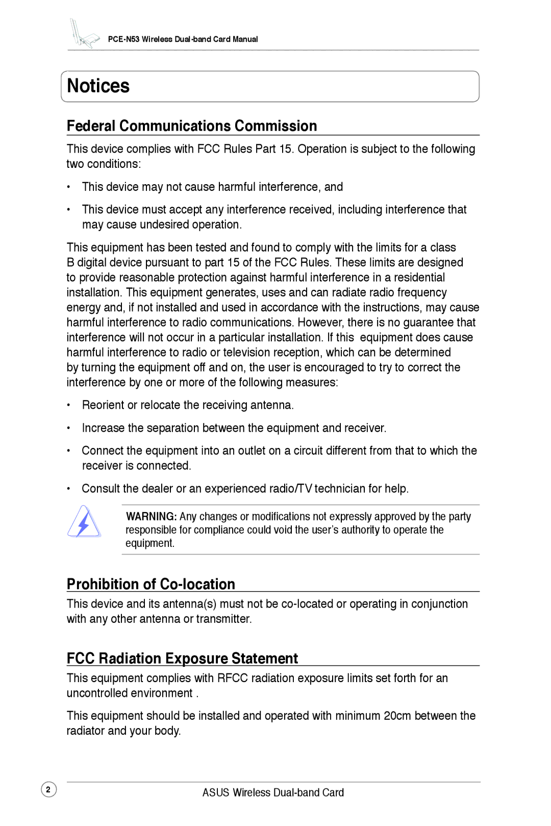 Asus PCE-N53 user manual Federal Communications Commission, Prohibition of Co-location, FCC Radiation Exposure Statement 