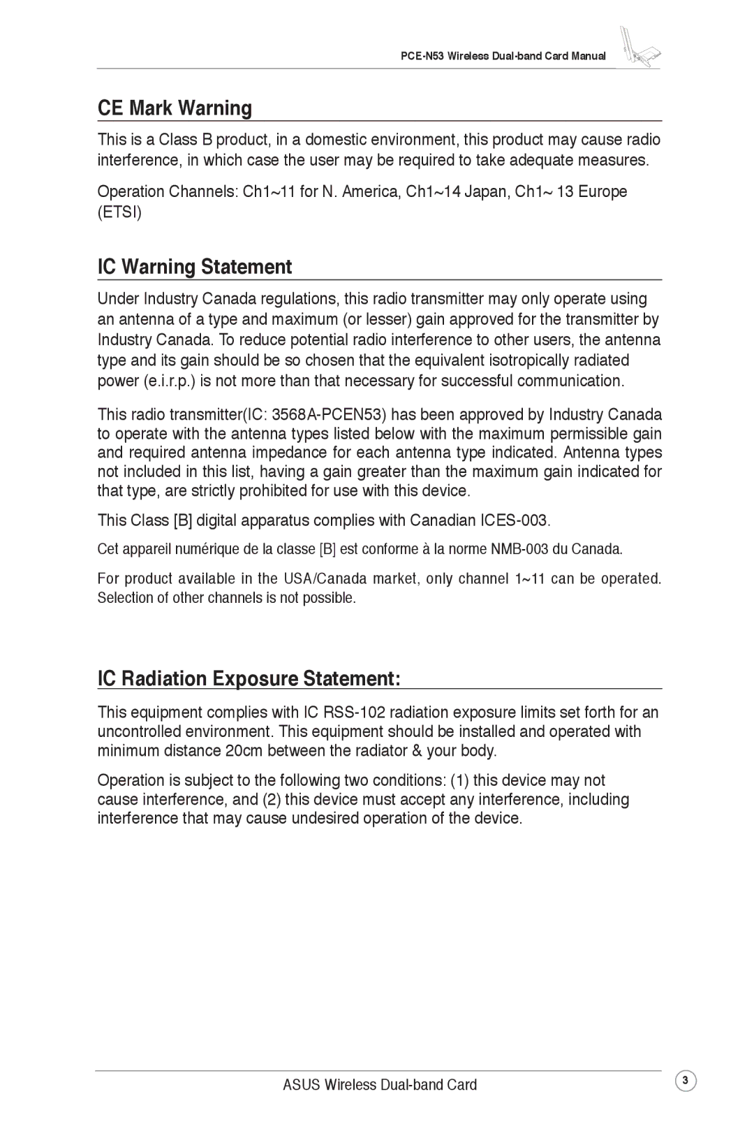 Asus PCE-N53 user manual CE Mark Warning, IC Warning Statement, IC Radiation Exposure Statement 