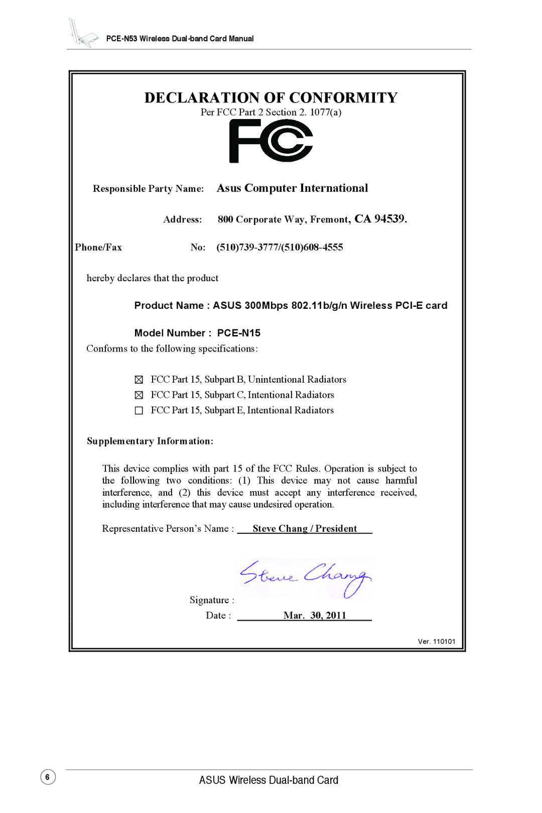 Asus PCE-N53 user manual Declaration of Conformity 