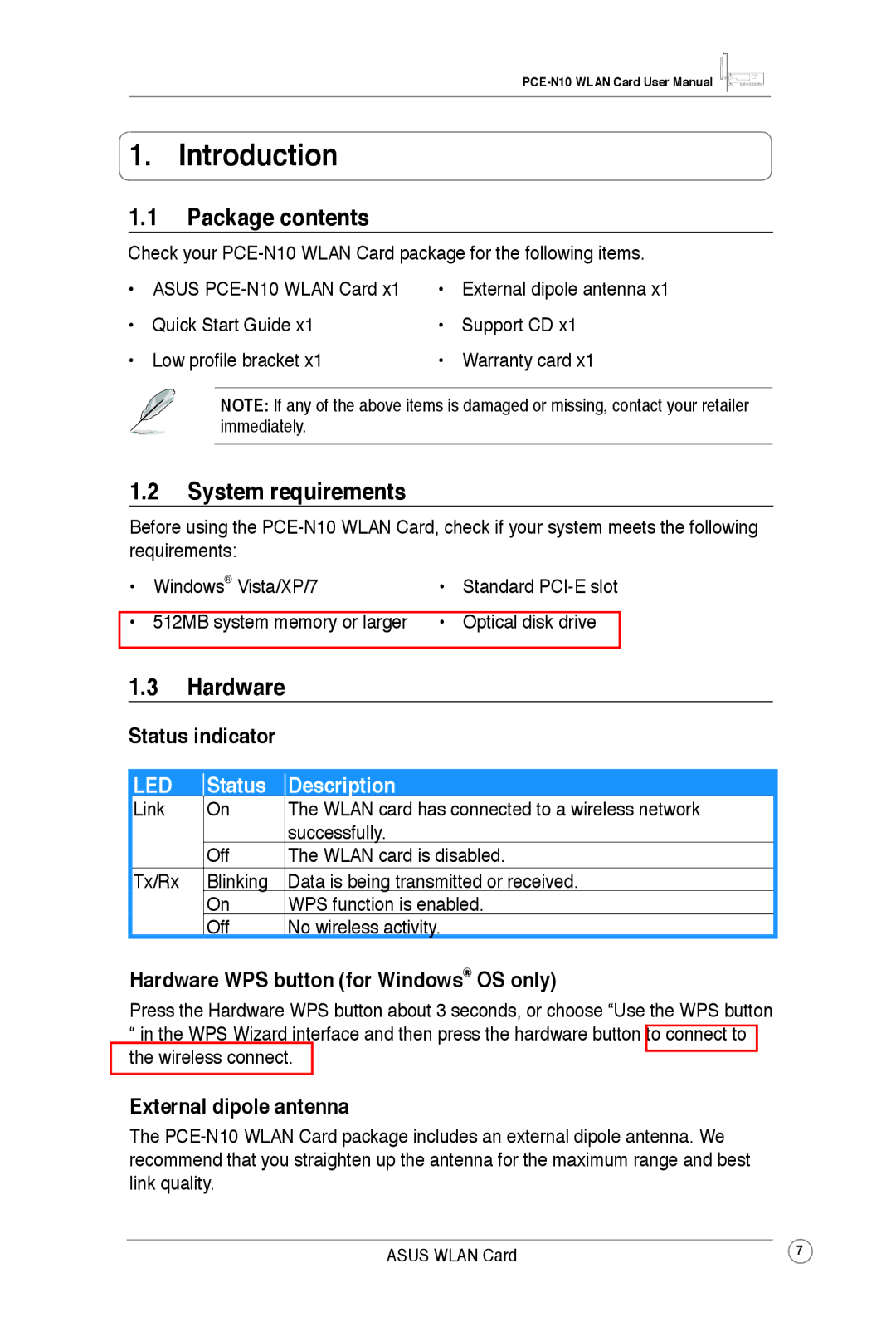 Asus PCEN10 user manual Introduction, Package contents, System requirements, Hardware 