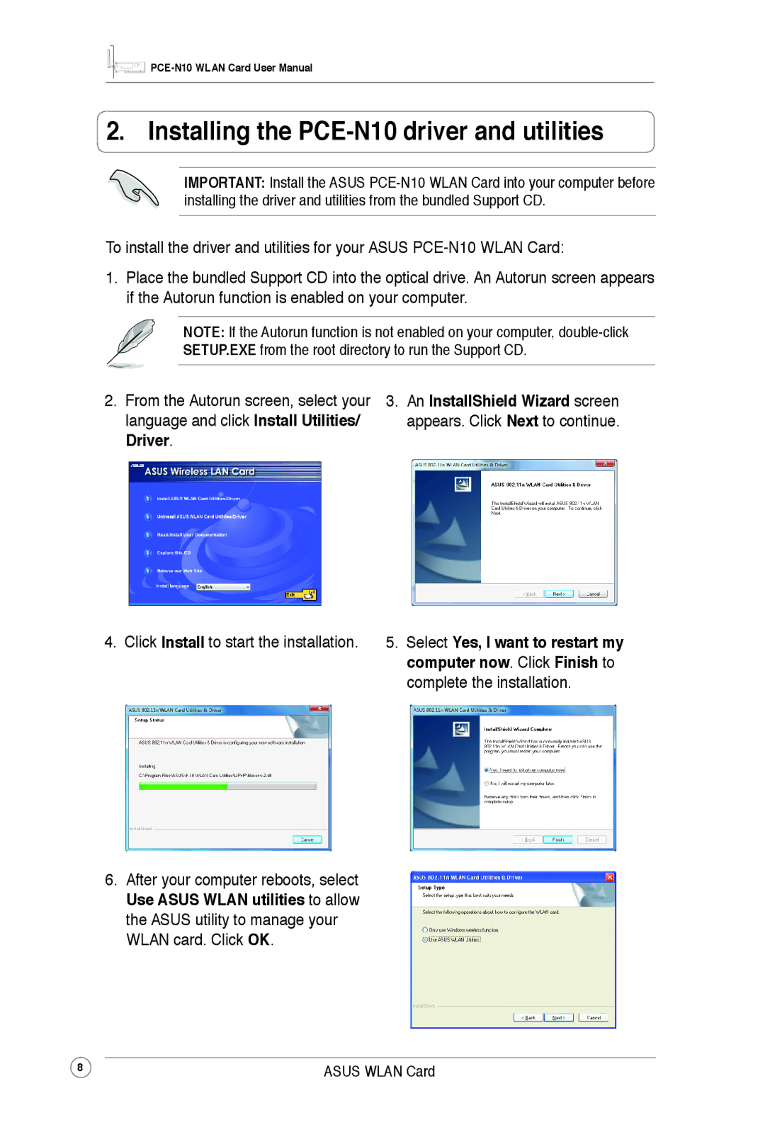 Asus PCEN10 user manual Installing the PCE-N10 driver and utilities, Click Install to start the installation 