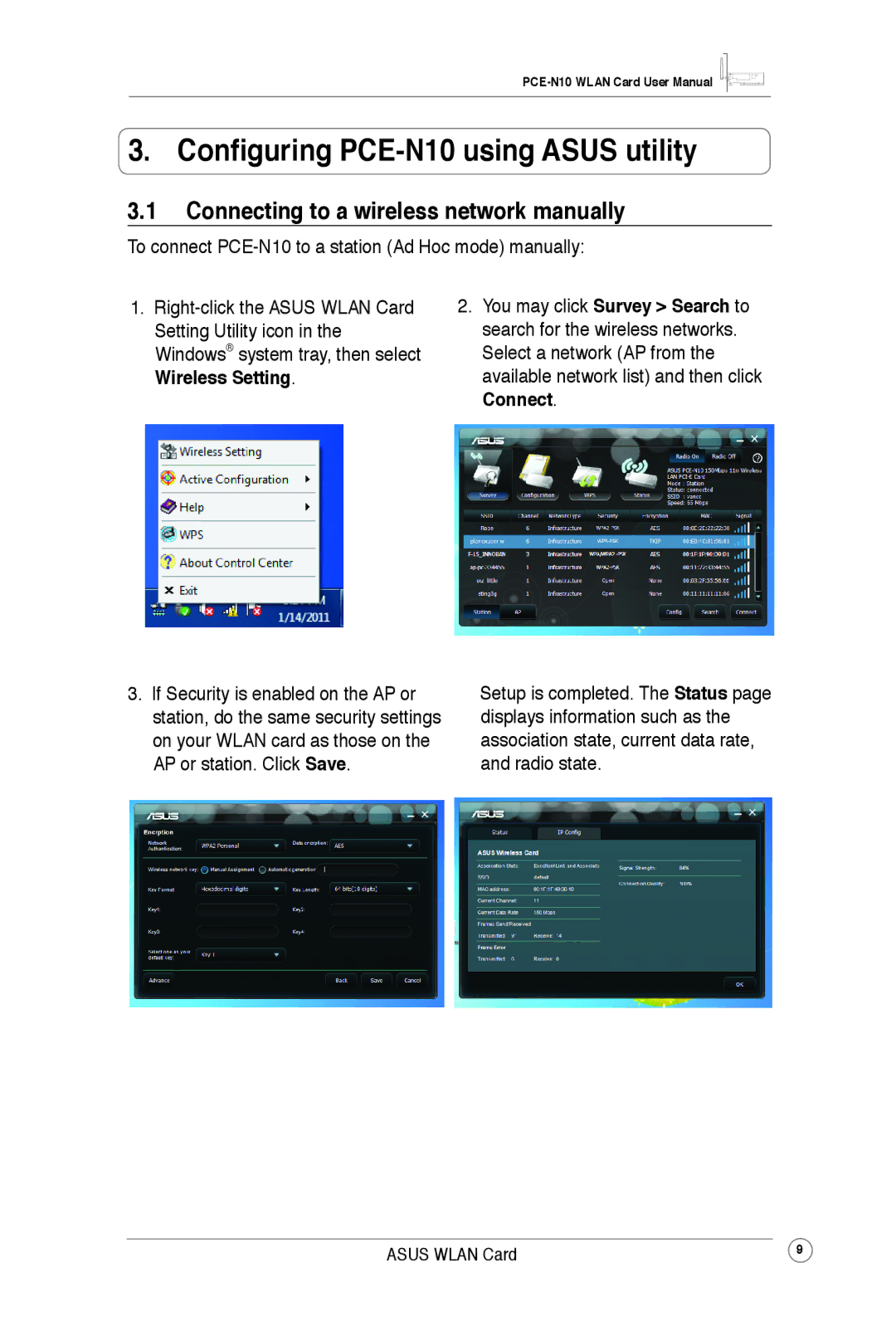 Asus PCEN10 user manual Configuring PCE-N10 using Asus utility, Connecting to a wireless network manually 