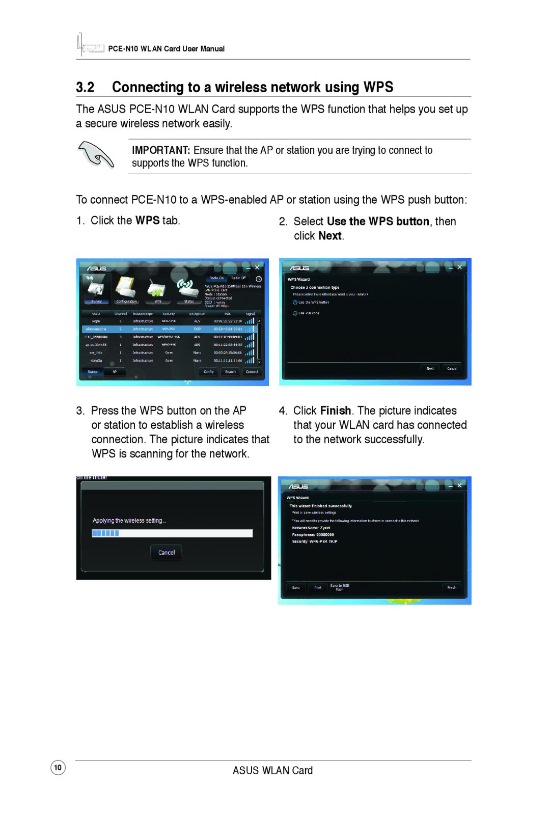 Asus PCEN10 user manual Connecting to a wireless network using WPS, Select Use the WPS button, then click Next 