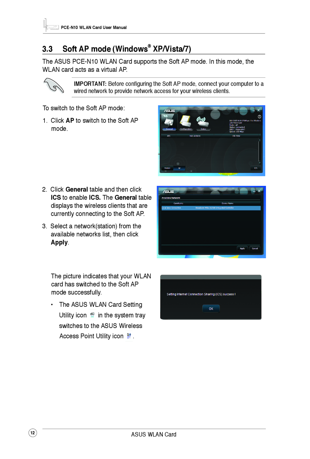 Asus PCEN10 user manual Soft AP mode Windows XP/Vista/7 