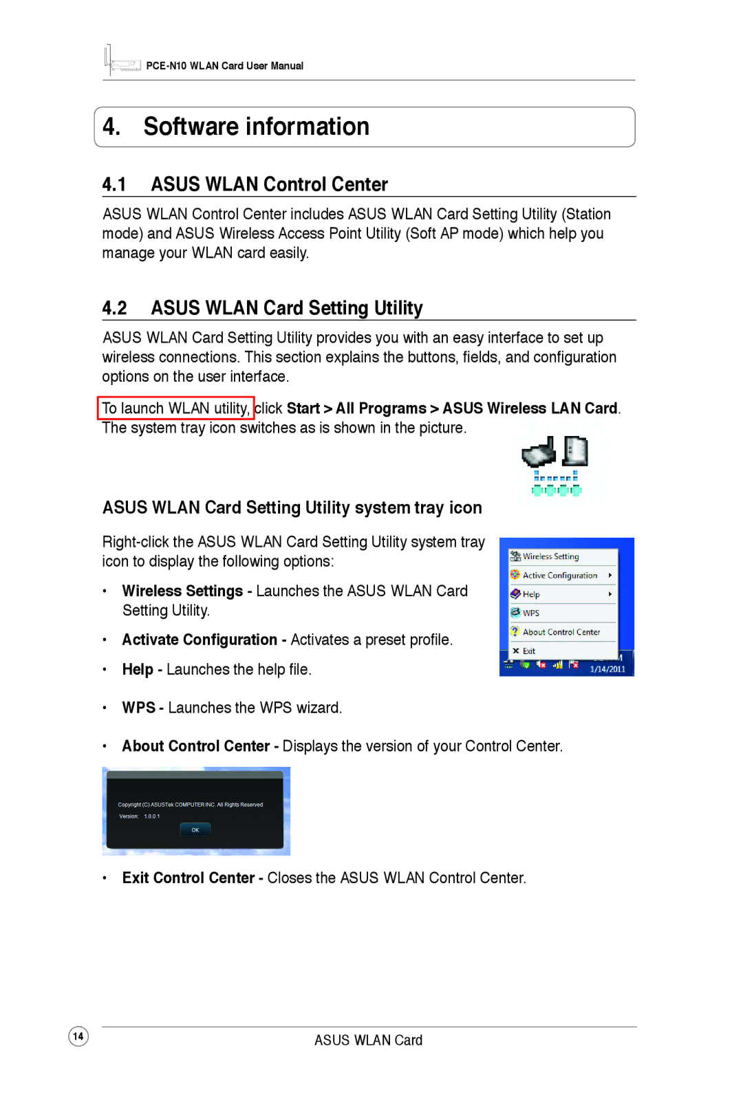 Asus PCEN10 user manual Software information, Asus Wlan Control Center, Asus Wlan Card Setting Utility 