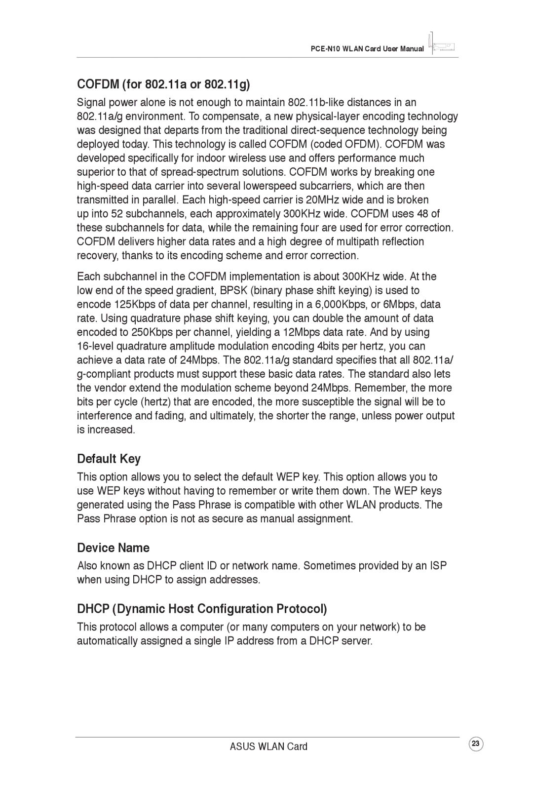 Asus PCEN10 user manual Cofdm for 802.11a or 802.11g, Default Key, Device Name, Dhcp Dynamic Host Configuration Protocol 
