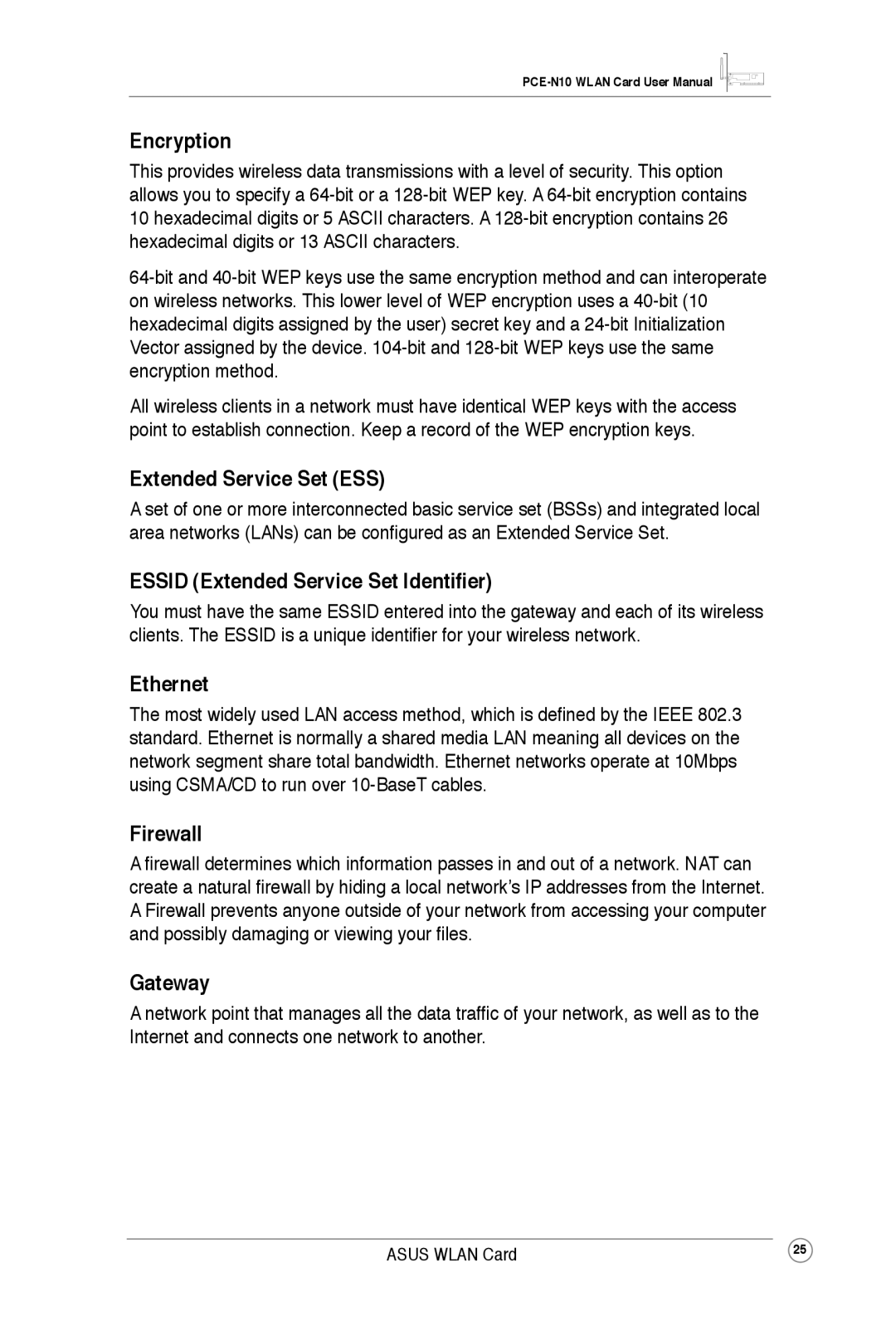 Asus PCEN10 Encryption, Extended Service Set ESS, Essid Extended Service Set Identifier, Ethernet, Firewall, Gateway 