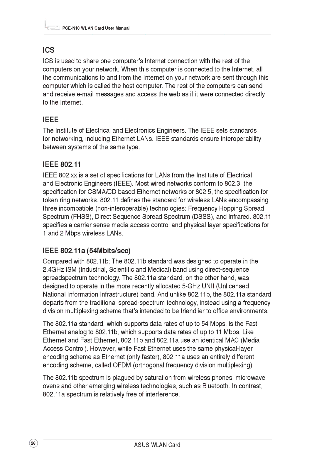 Asus PCEN10 user manual Ieee 802.11a 54Mbits/sec 