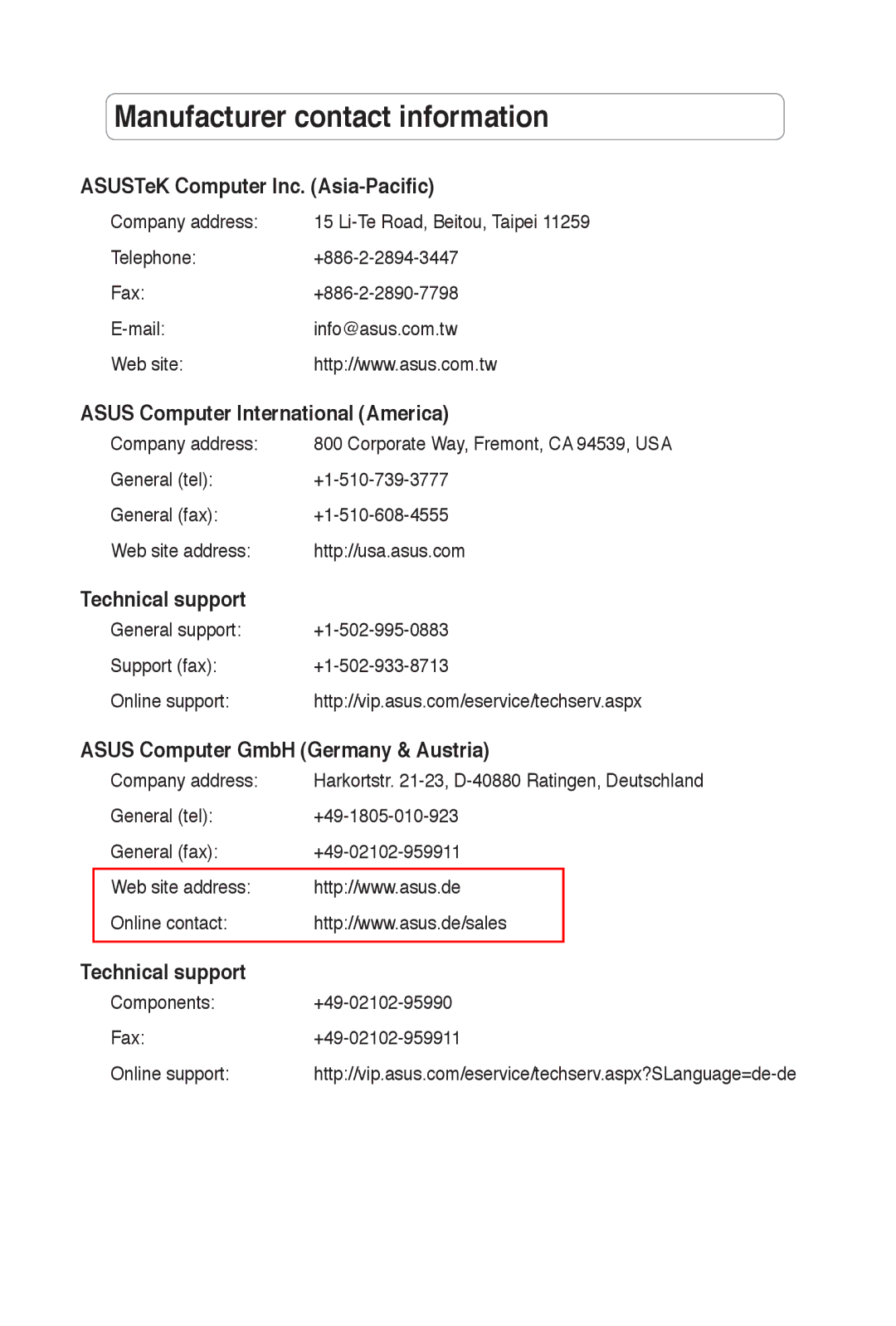 Asus PCEN10 Manufacturer contact information, ASUSTeK Computer Inc. Asia-Pacific, Asus Computer International America 