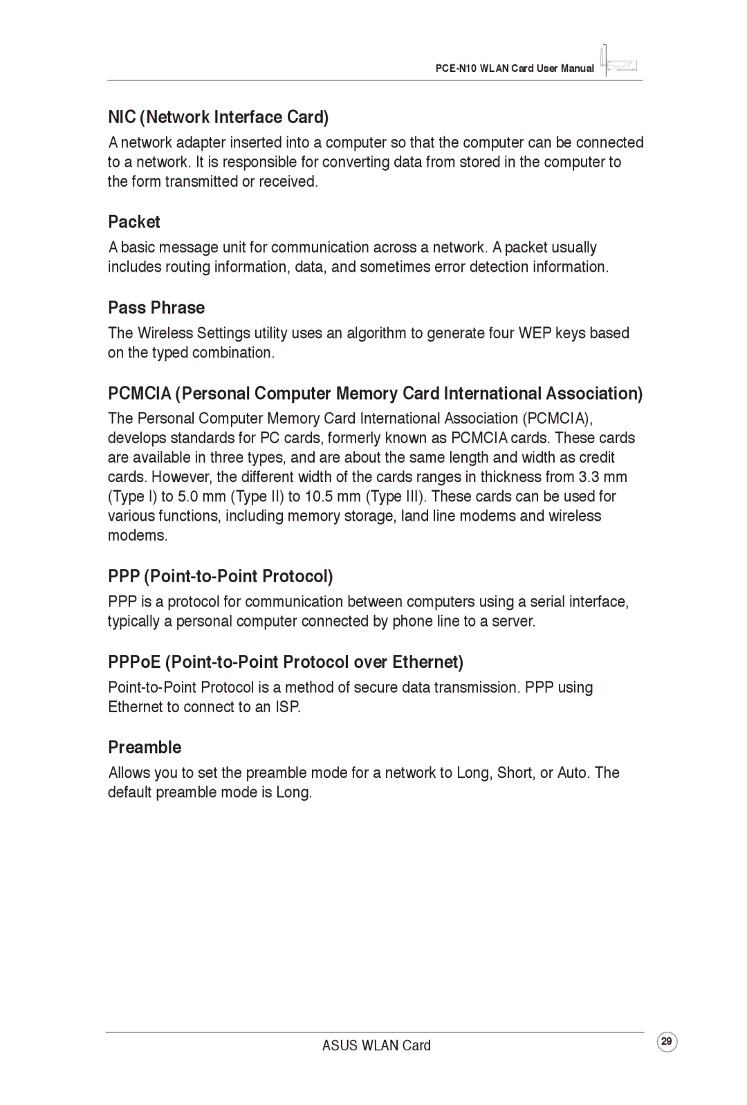 Asus PCEN10 user manual NIC Network Interface Card, Packet, Pass Phrase, PPP Point-to-Point Protocol, Preamble 