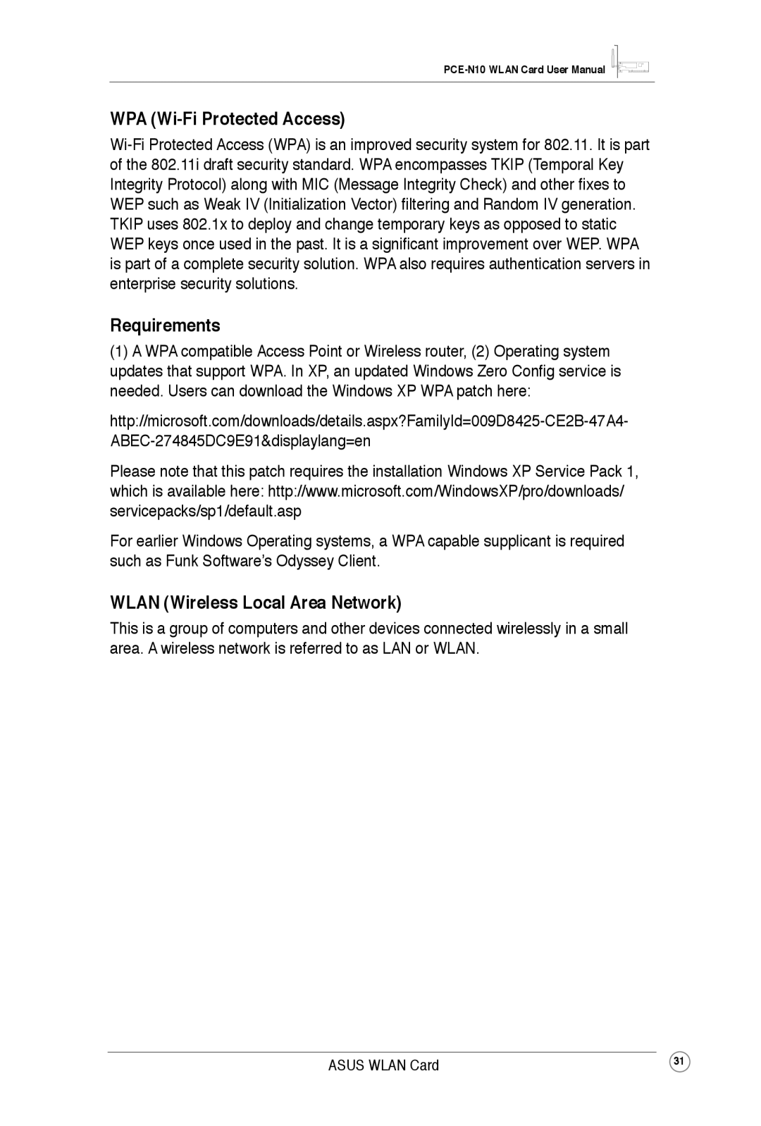 Asus PCEN10 user manual WPA Wi-Fi Protected Access, Requirements, Wlan Wireless Local Area Network 