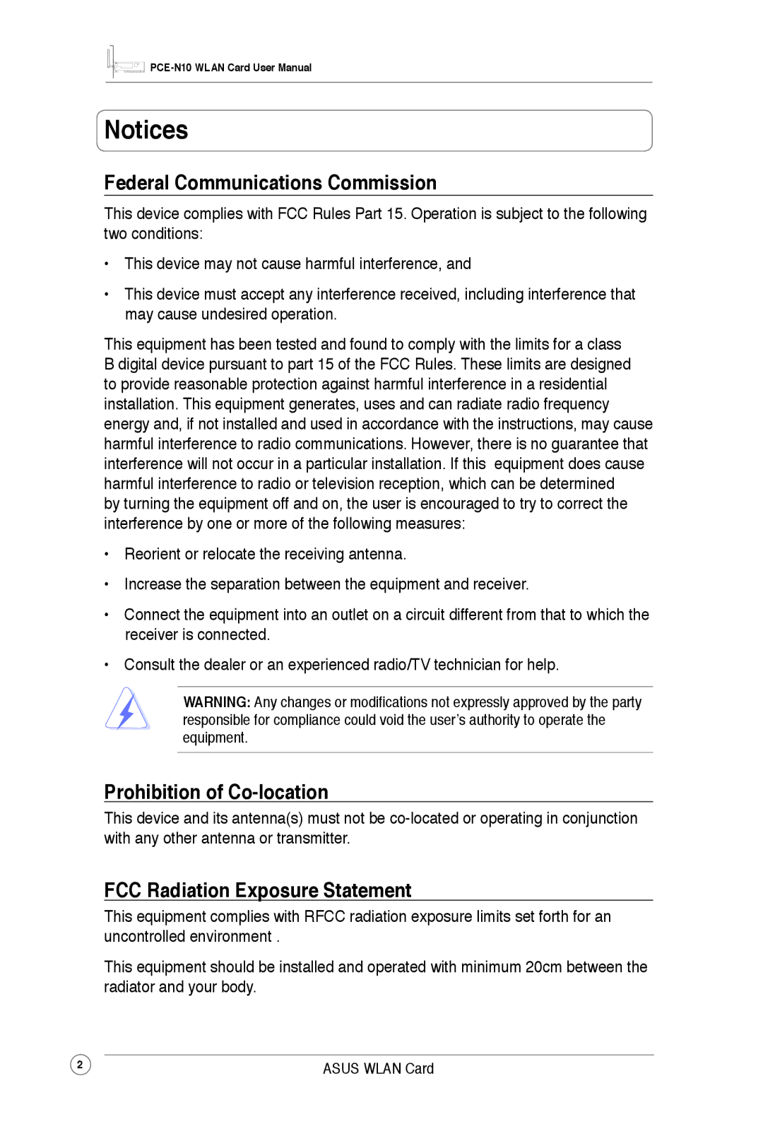 Asus PCEN10 user manual Federal Communications Commission, Prohibition of Co-location, FCC Radiation Exposure Statement 