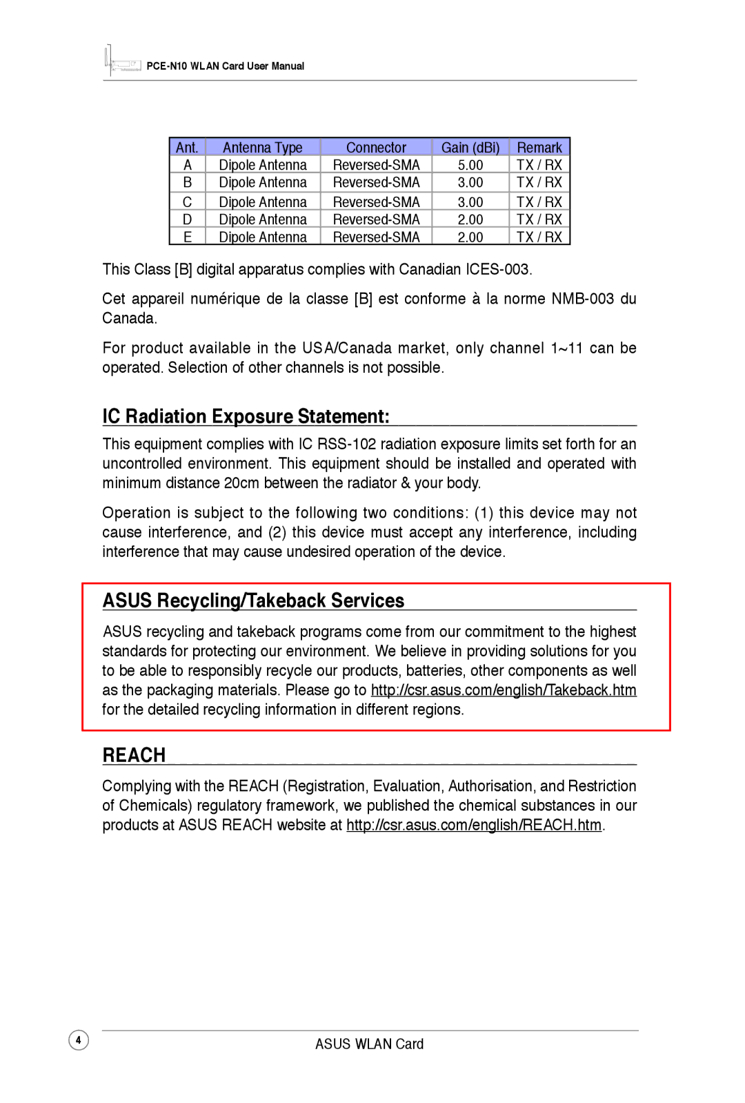 Asus PCEN10 user manual IC Radiation Exposure Statement, Asus Recycling/Takeback Services 