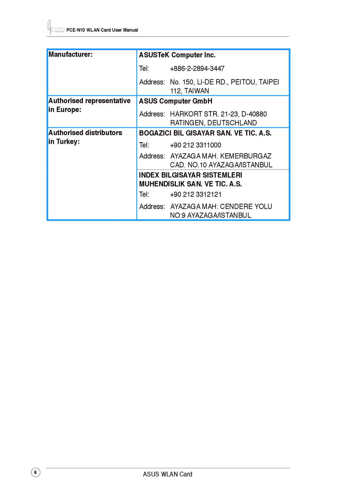 Asus PCEN10 user manual Manufacturer ASUSTeK Computer Inc, Asus Computer GmbH, Europe, Authorised distributors, Turkey 