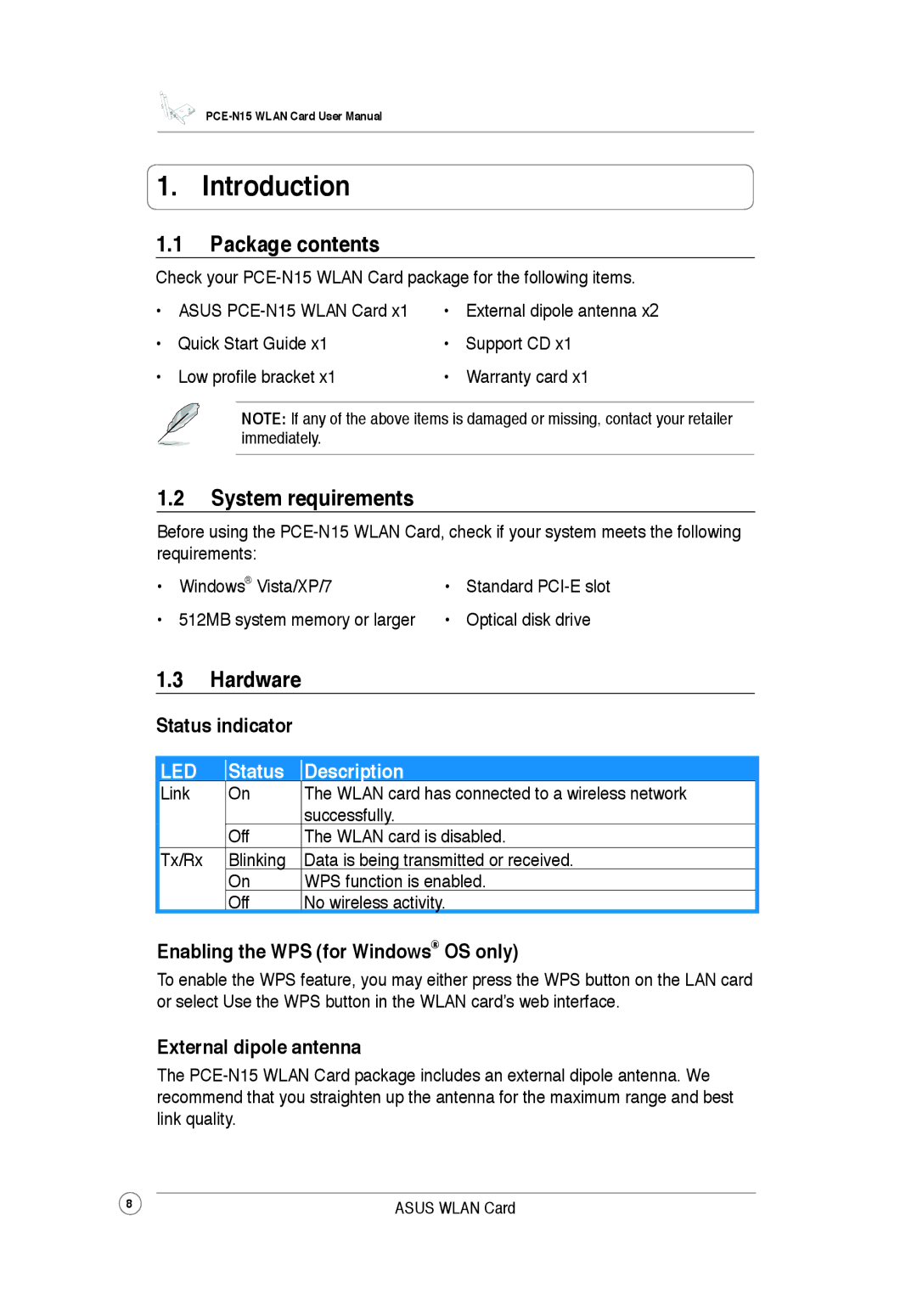 Asus PCEN15 user manual Introduction, Package contents, System requirements, Hardware 