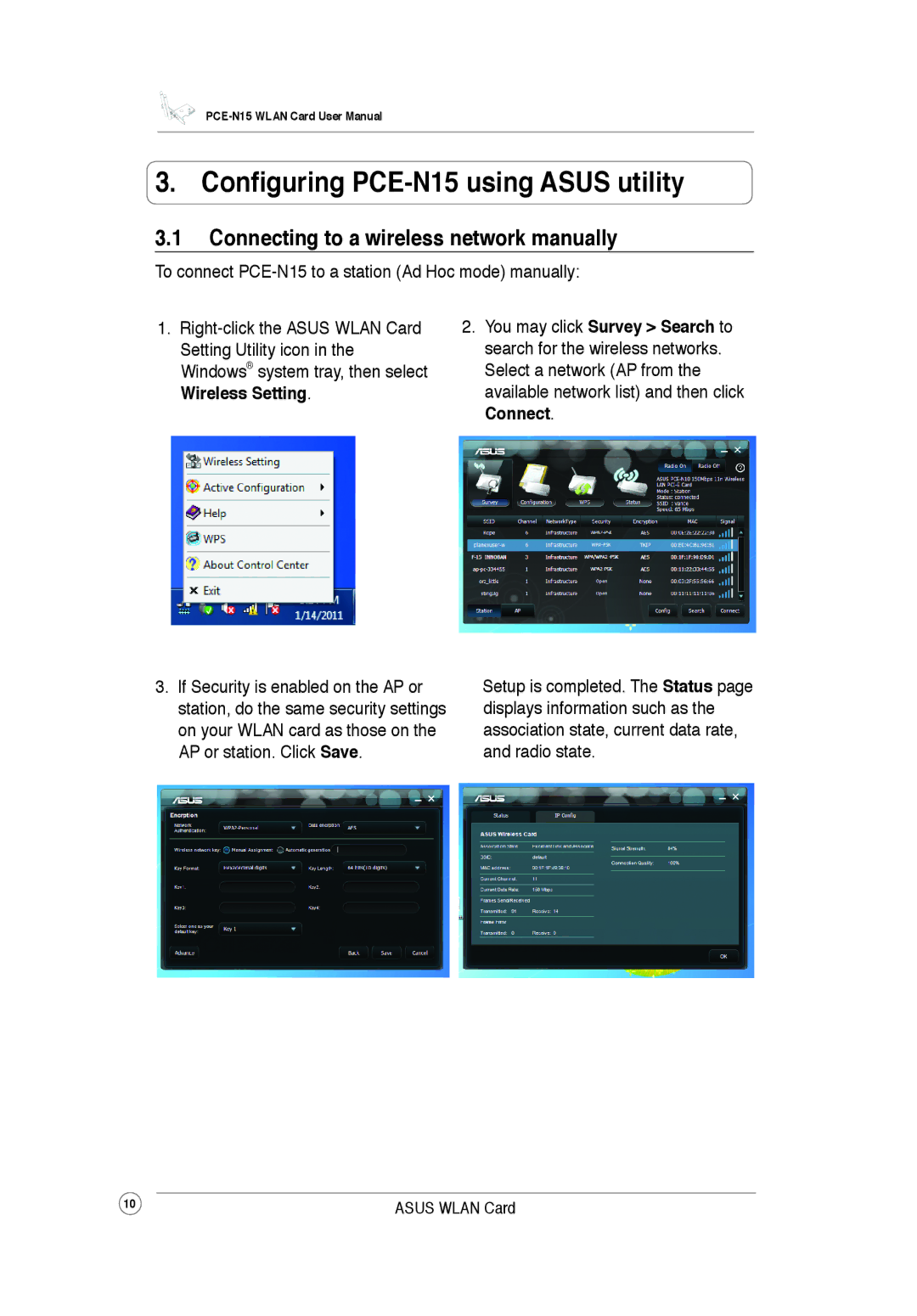 Asus PCEN15 user manual Configuring PCE-N15 using Asus utility, Connecting to a wireless network manually 