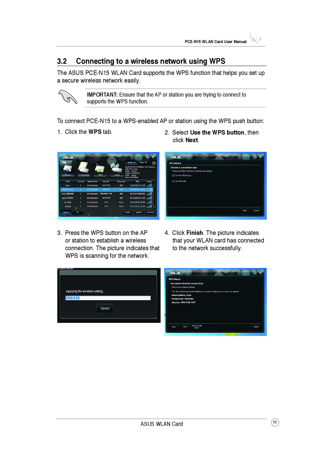 Asus PCEN15 user manual Connecting to a wireless network using WPS, Select Use the WPS button, then click Next 