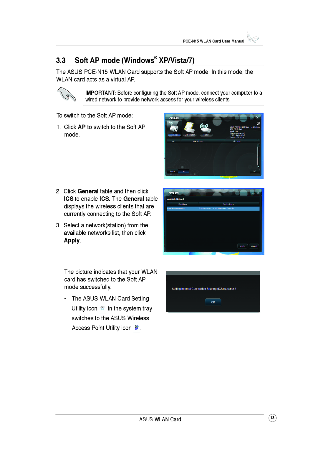 Asus PCEN15 user manual Soft AP mode Windows XP/Vista/7 