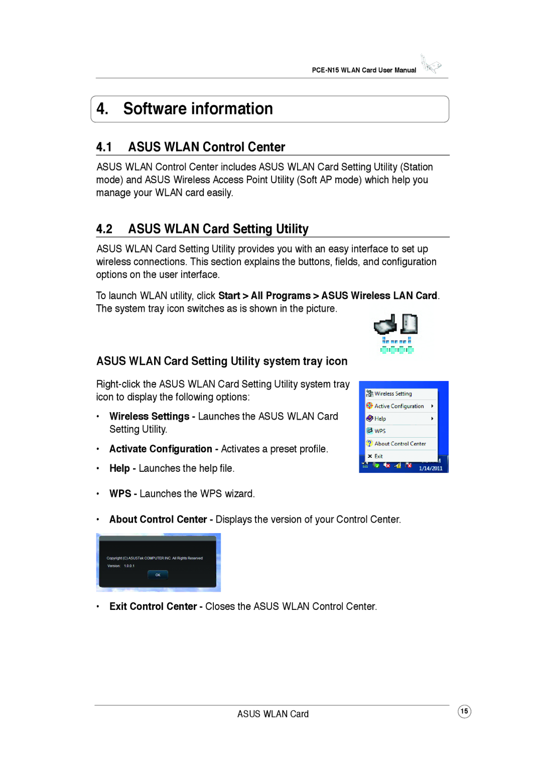 Asus PCEN15 user manual Software information, Asus Wlan Control Center, Asus Wlan Card Setting Utility 