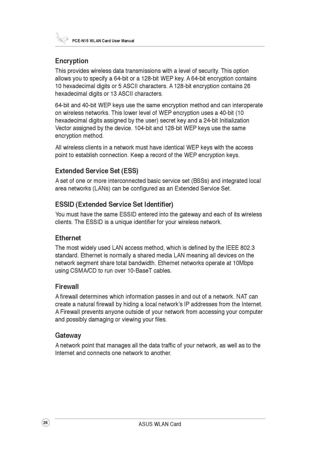 Asus PCEN15 Encryption, Extended Service Set ESS, Essid Extended Service Set Identifier, Ethernet, Firewall, Gateway 