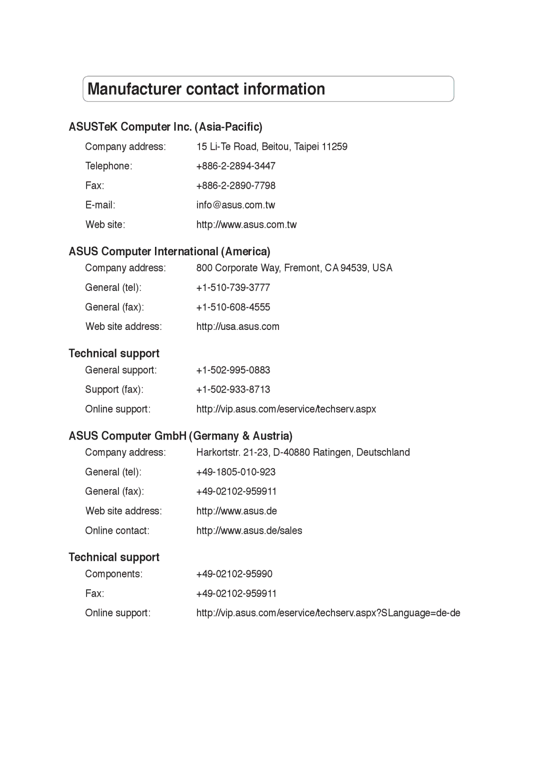 Asus PCEN15 Manufacturer contact information, ASUSTeK Computer Inc. Asia-Pacific, Asus Computer International America 