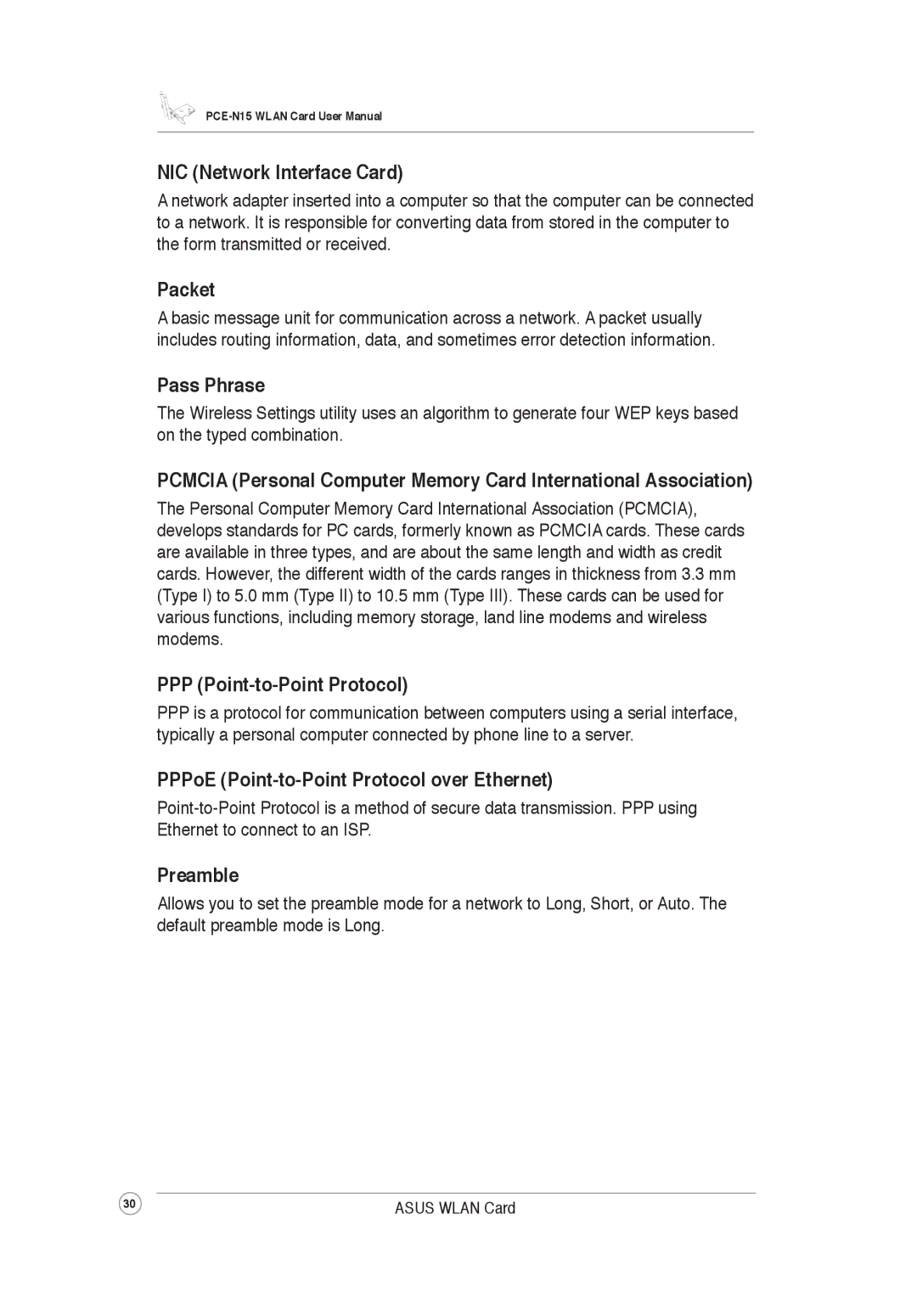 Asus PCEN15 user manual NIC Network Interface Card, Packet, Pass Phrase, PPP Point-to-Point Protocol, Preamble 