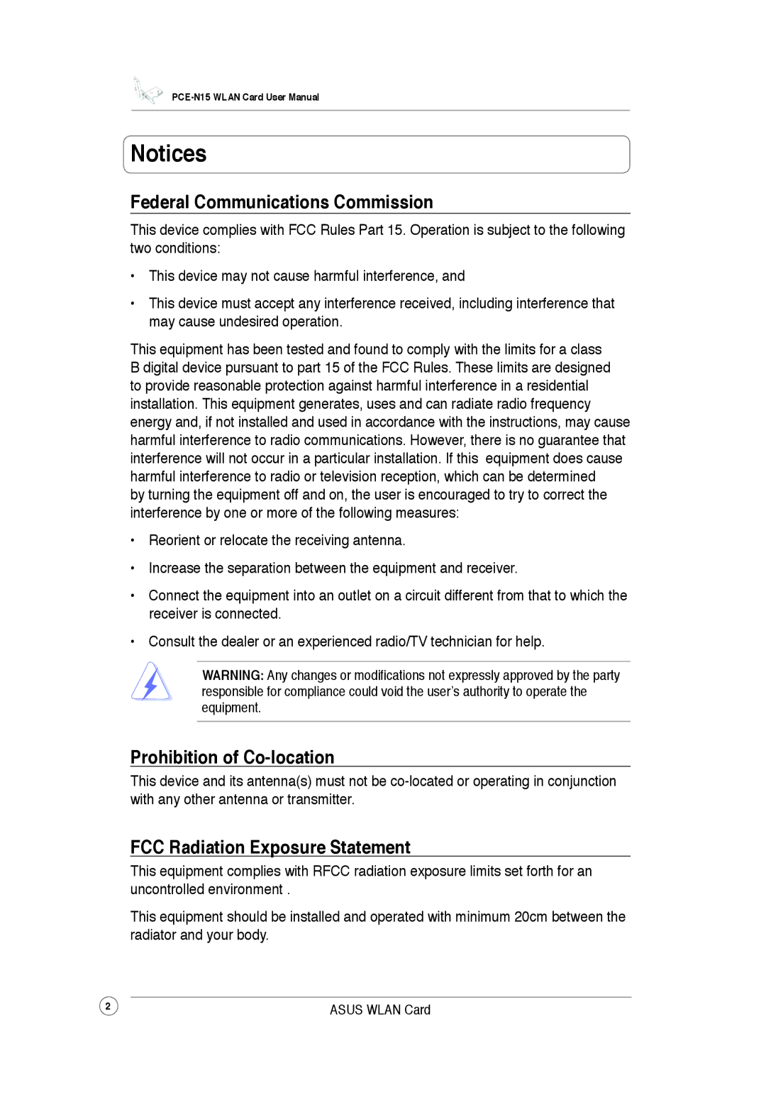 Asus PCEN15 user manual Federal Communications Commission, Prohibition of Co-location, FCC Radiation Exposure Statement 