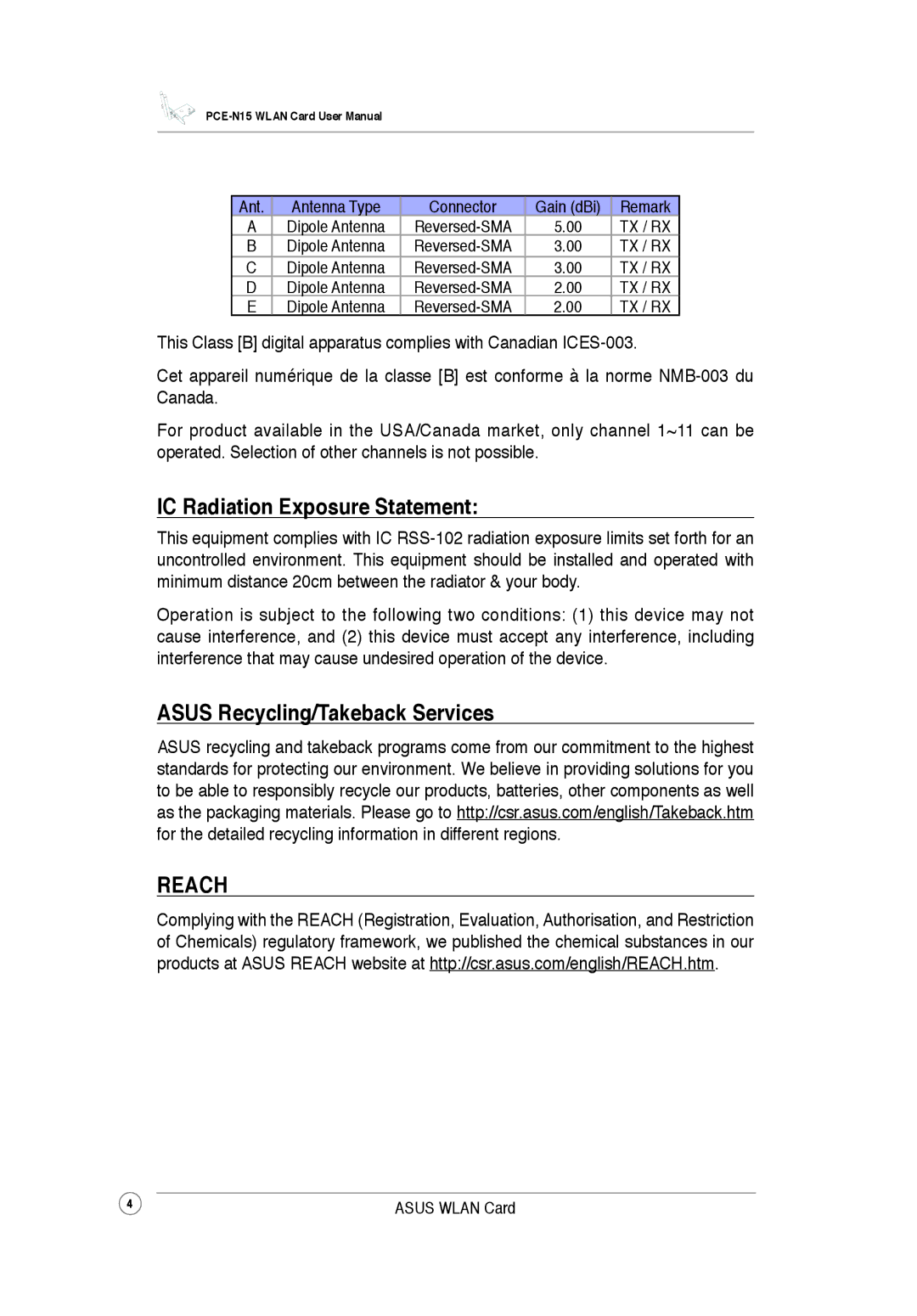 Asus PCEN15 user manual IC Radiation Exposure Statement, Asus Recycling/Takeback Services 