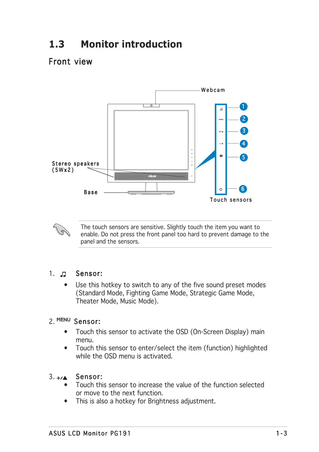 Asus PG191 manual Monitor introduction, Front view, Sensor 