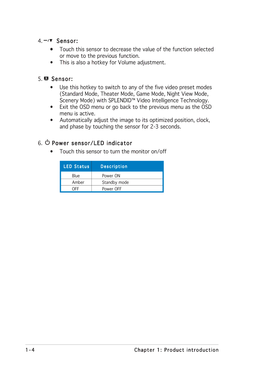 Asus PG191 manual Power sensor/LED indicator 