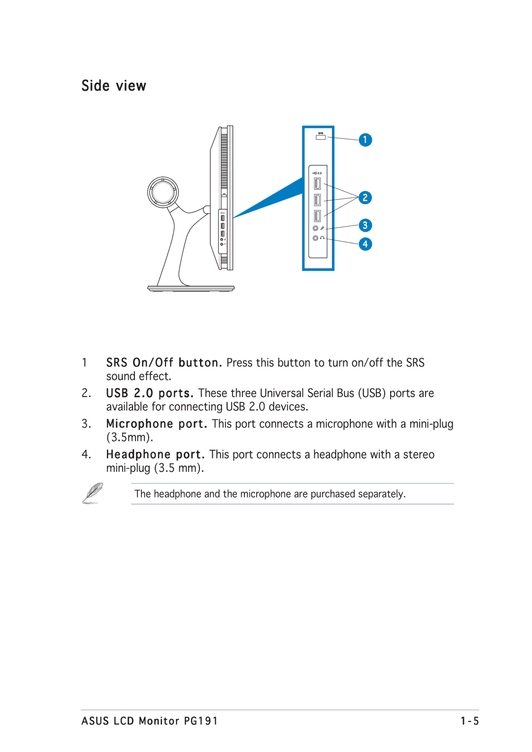 Asus PG191 manual Side view 