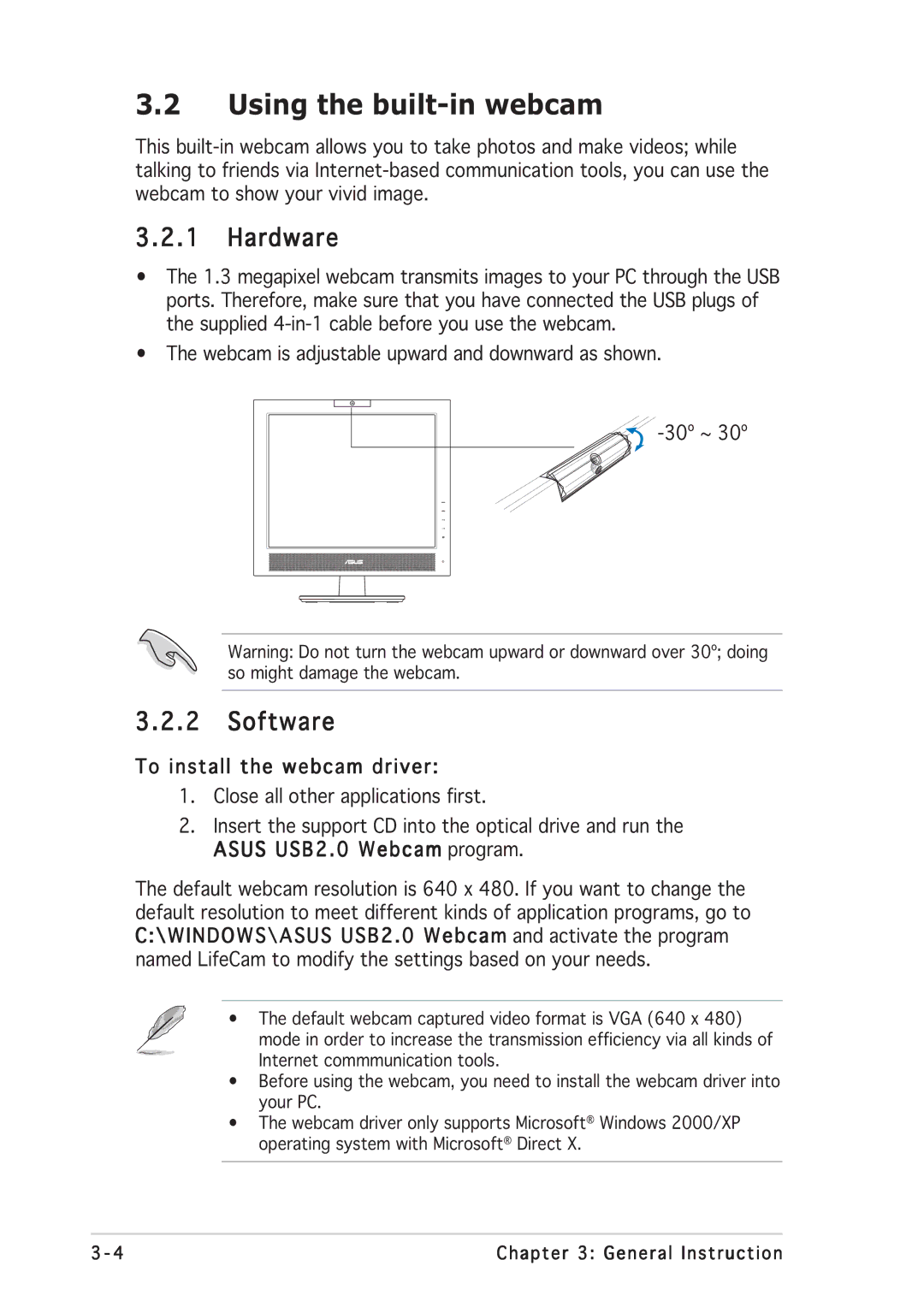 Asus PG191 manual Using the built-in webcam, Hardware, Software, To install the webcam driver 