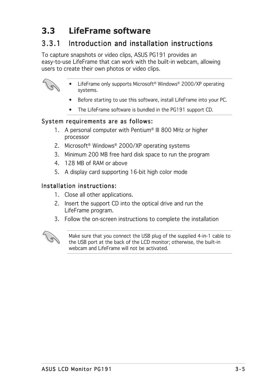 Asus PG191 manual LifeFrame software, Introduction and installation instructions, System requirements are as follows 