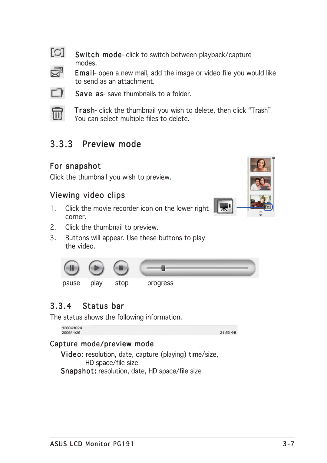 Asus PG191 manual Preview mode, For snapshot, Viewing video clips, Status bar, Capture mode/preview mode 