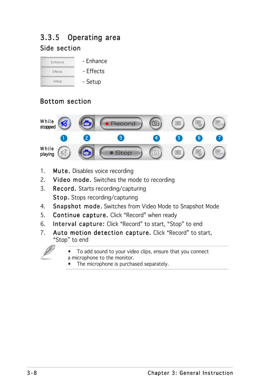 Asus PG191 manual Operating area, Side section, Bottom section 