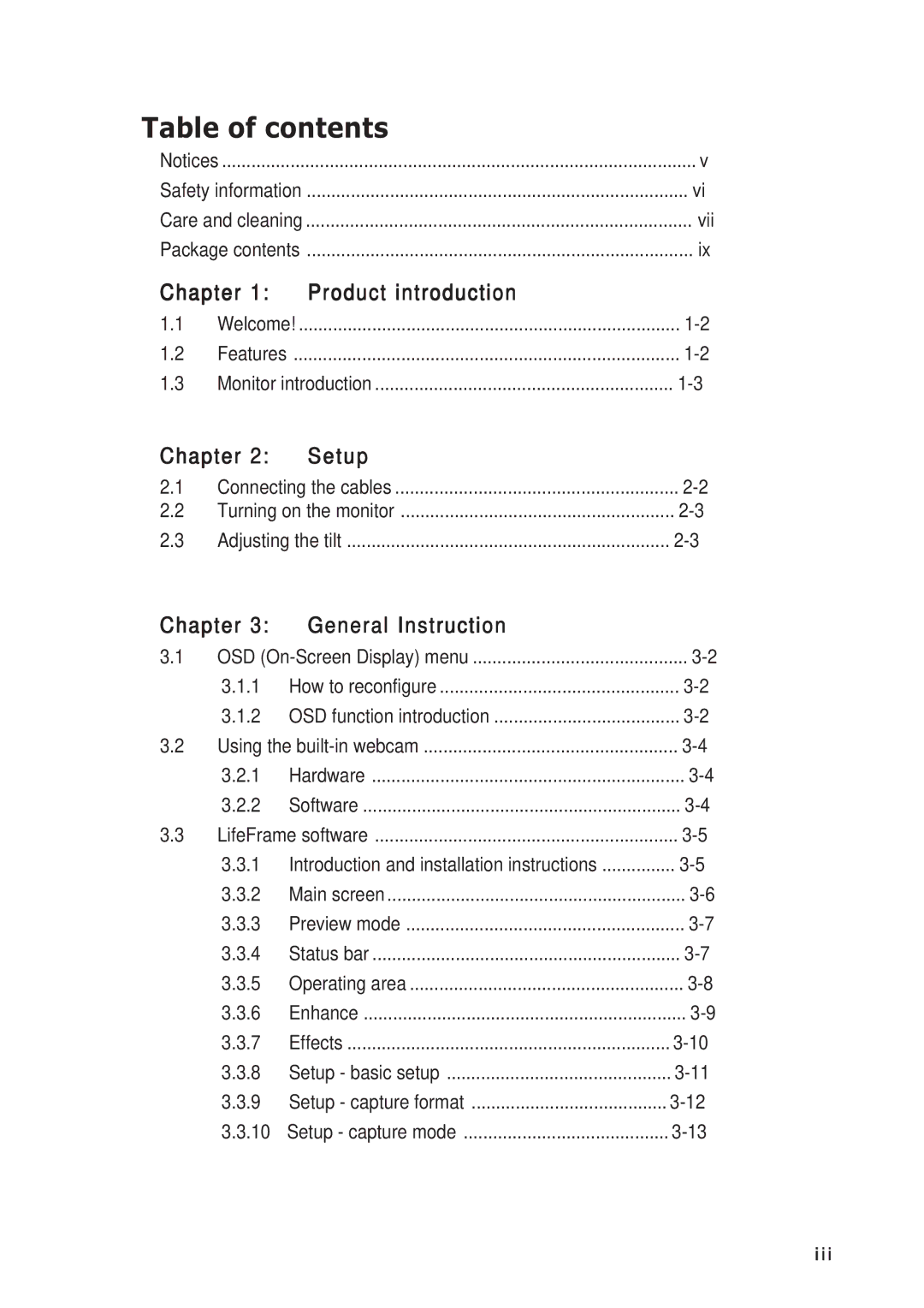 Asus PG191 manual Table of contents 