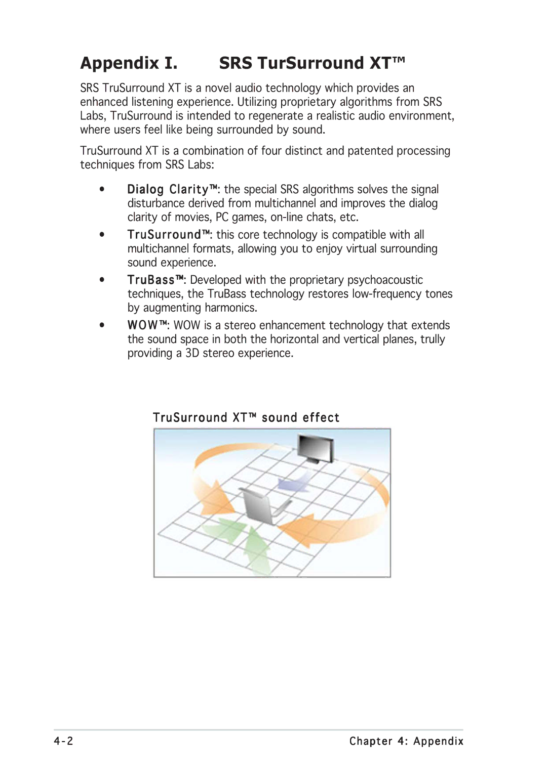 Asus PG191 manual Appendix I. SRS TurSurround XT, TruSurround XT sound effect 