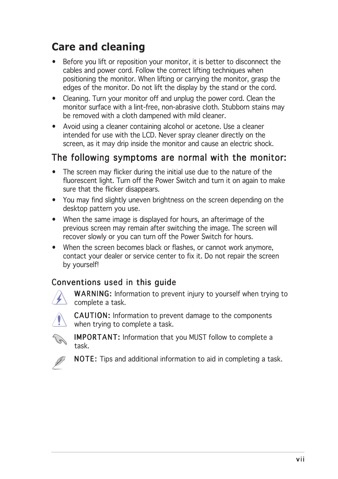 Asus PG191 manual Care and cleaning, Following symptoms are normal with the monitor, Conventions used in this guide 