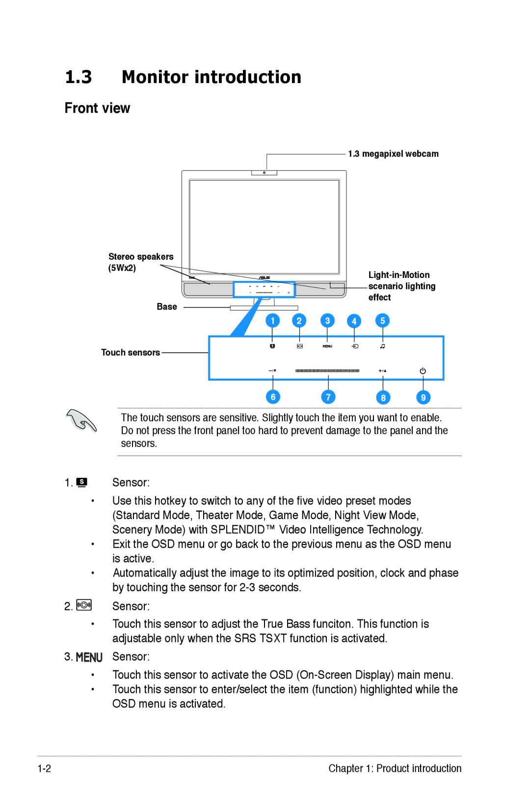 Asus PG221 manual Monitor introduction, Front view 