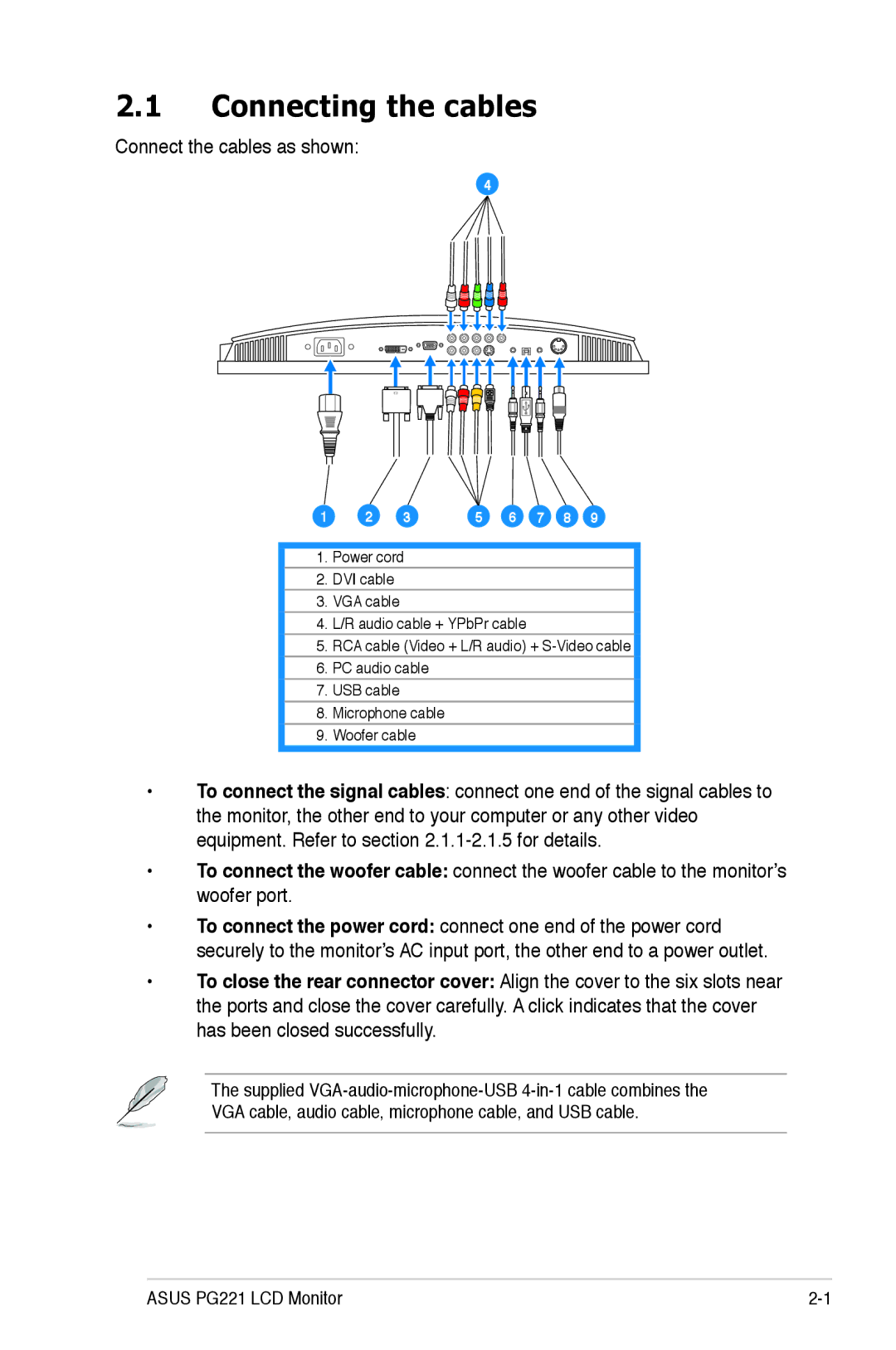 Asus PG221 manual Connecting the cables, Connect the cables as shown 