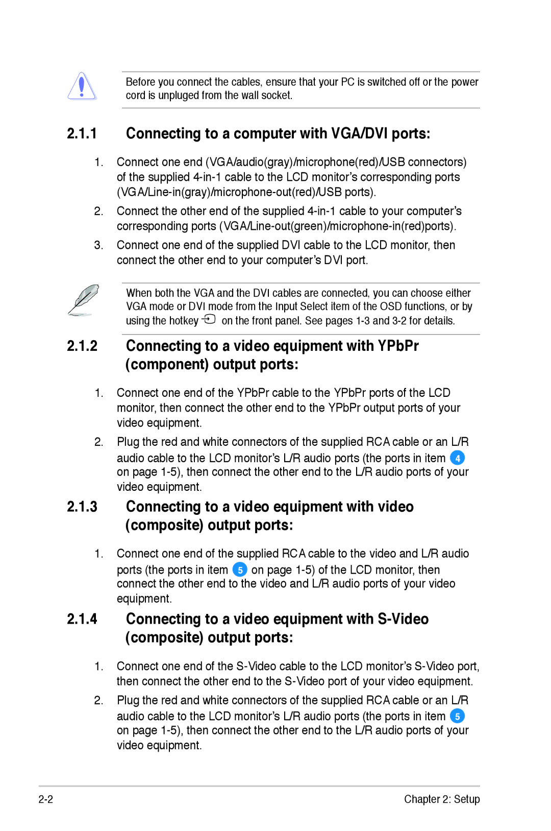 Asus PG221 manual Connecting to a computer with VGA/DVI ports 