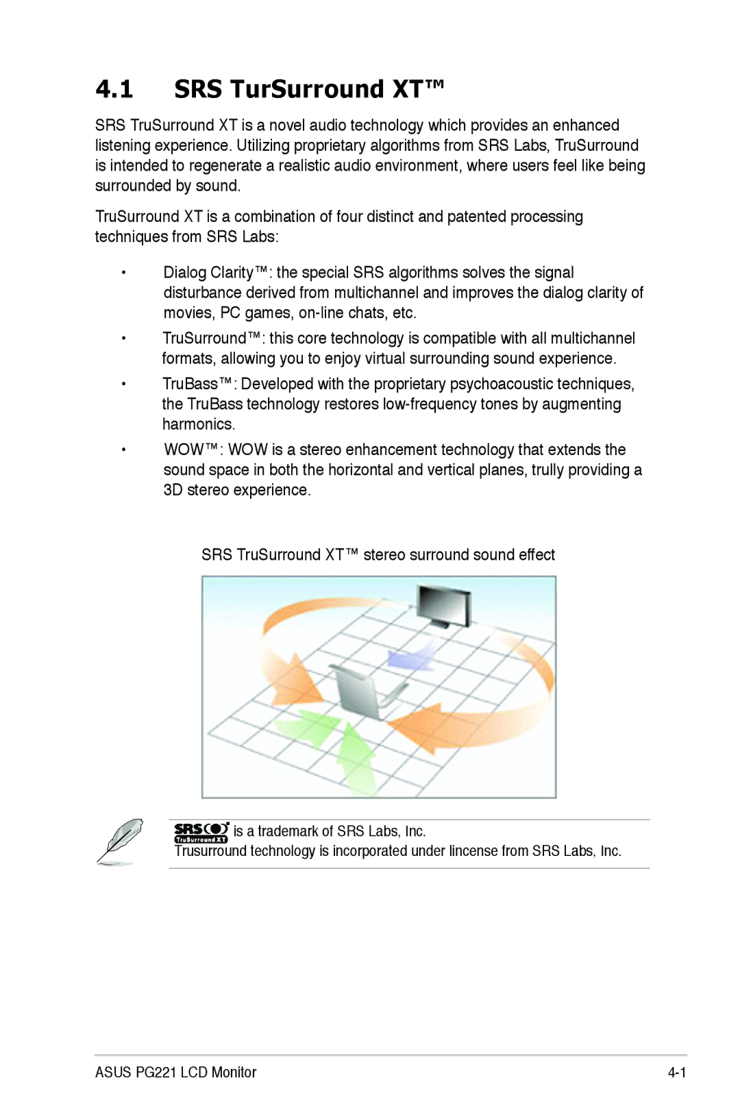 Asus PG221 manual SRS TurSurround XT 