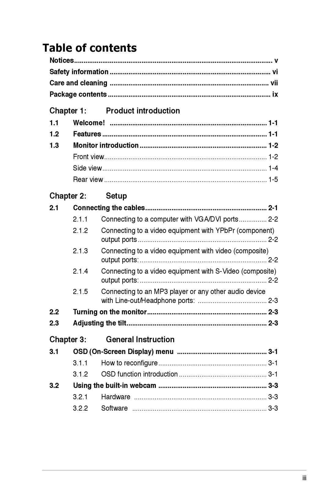 Asus PG221 manual Table of contents 