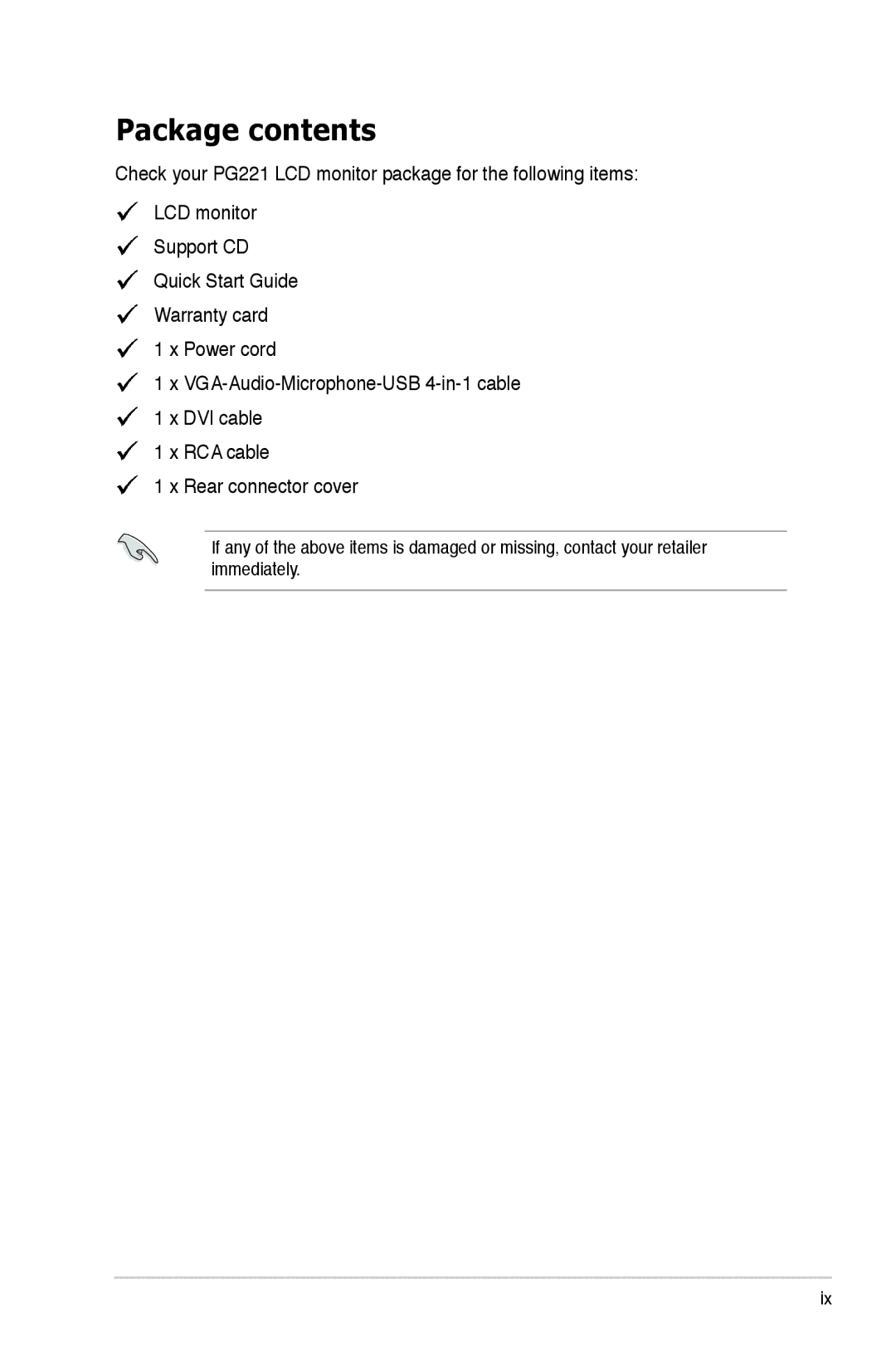 Asus PG221 manual Package contents 