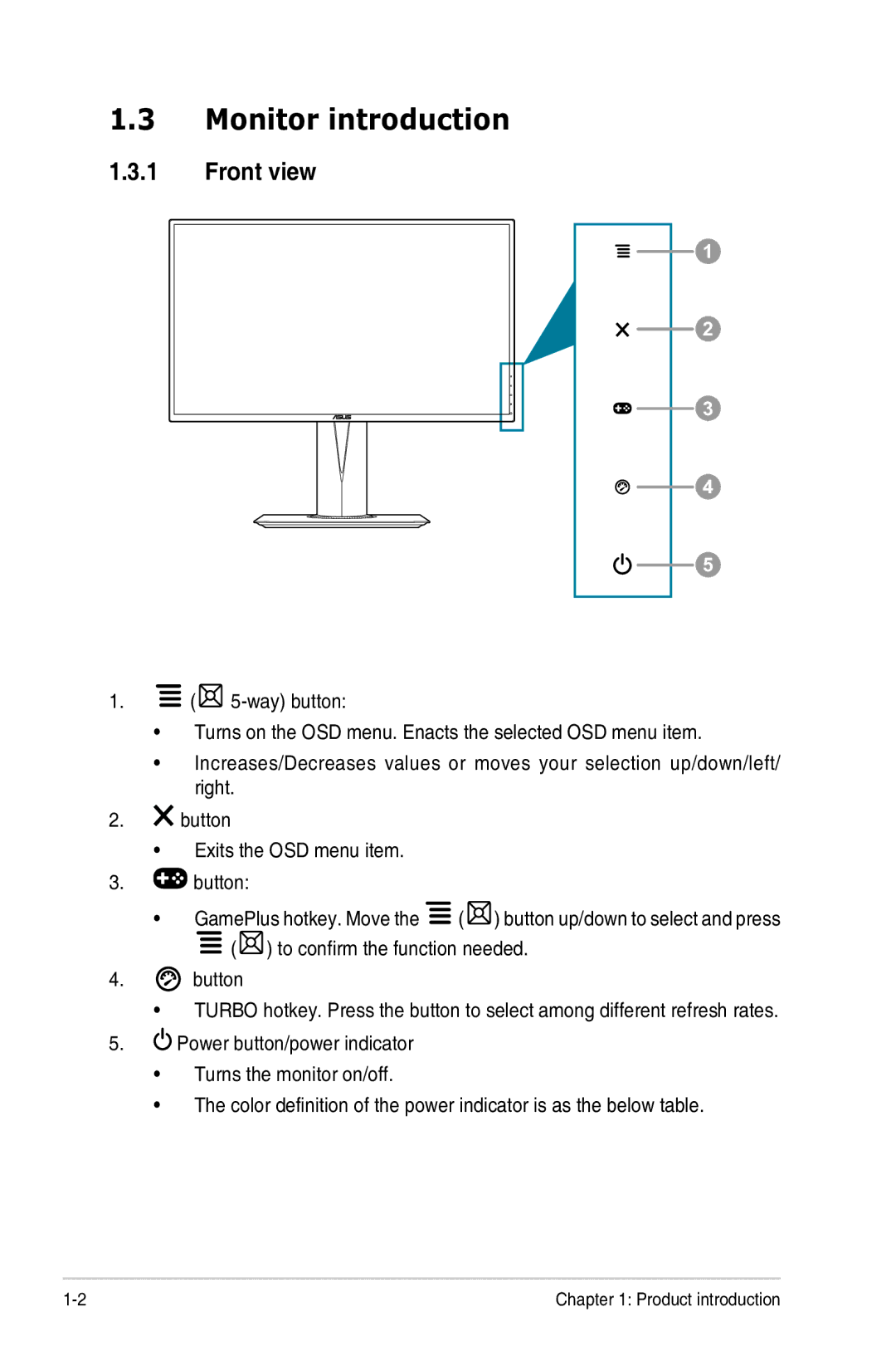 Asus PG278Q manual Monitor introduction, Front view 