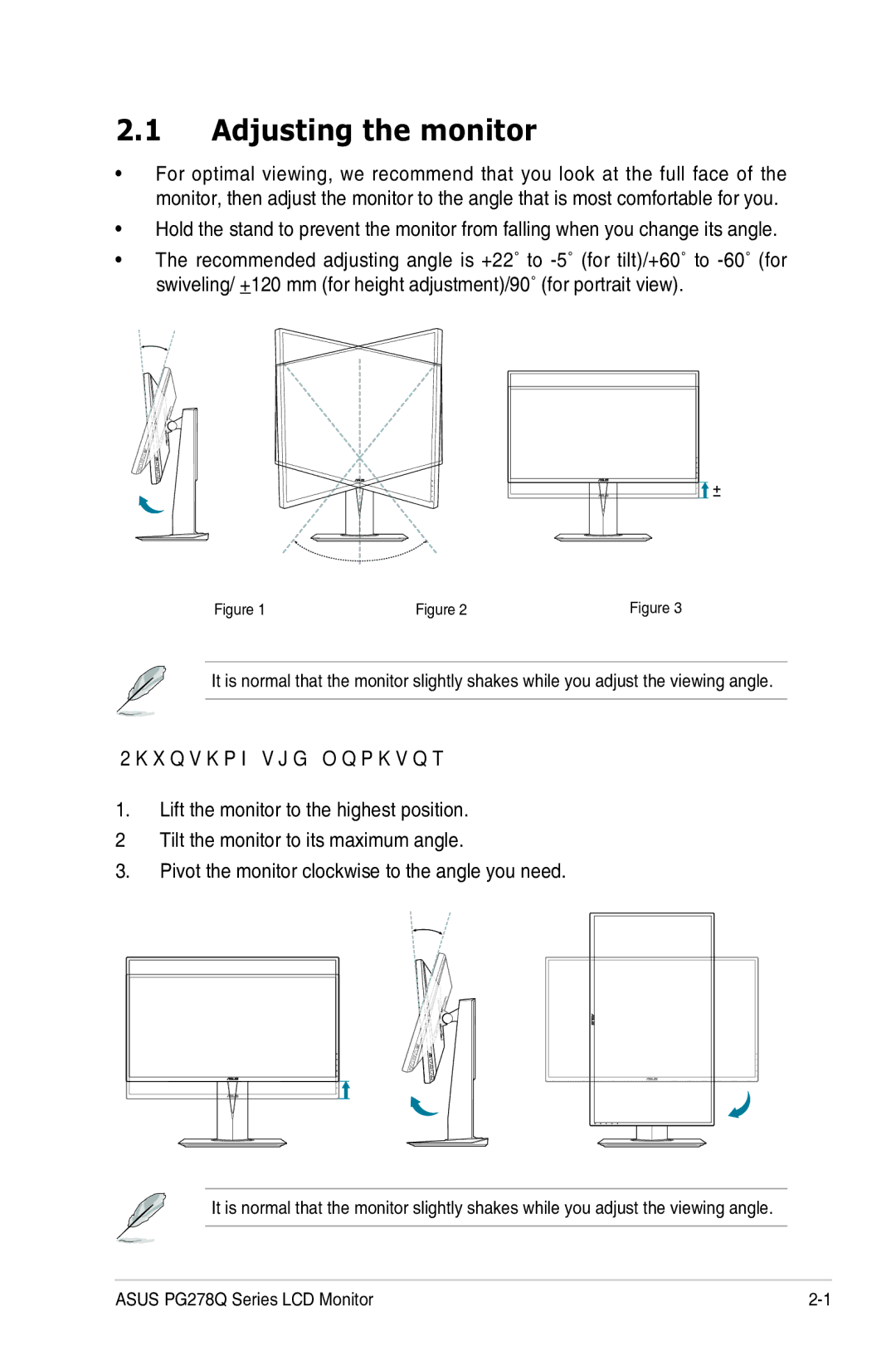 Asus PG278Q manual Adjusting the monitor, Pivoting the monitor 