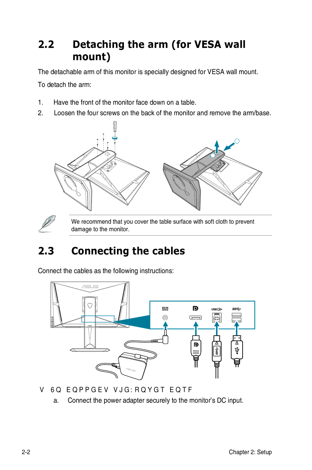 Asus PG278Q manual Detaching the arm for Vesa wall mount, Connecting the cables, To connect the power cord 