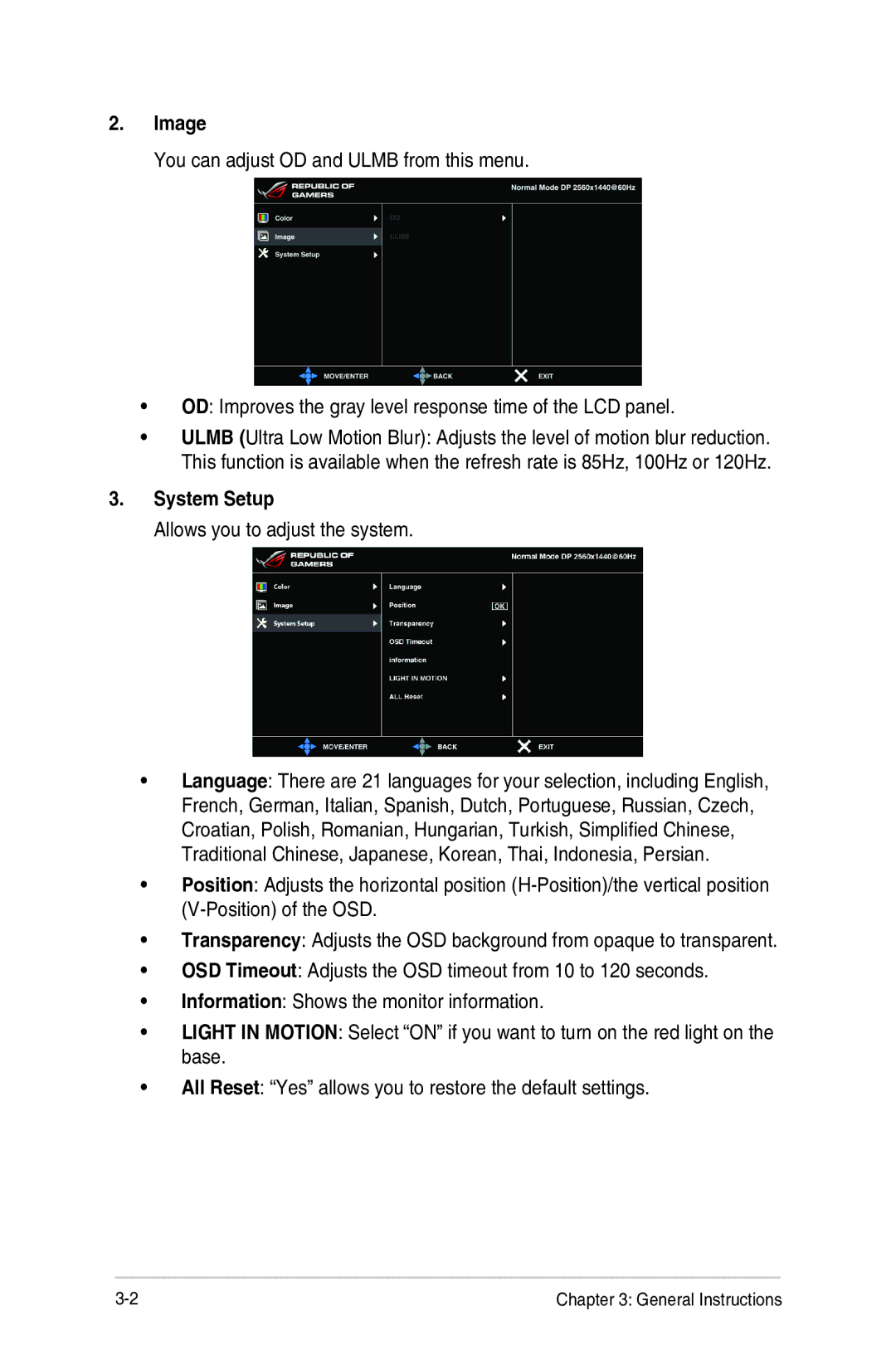 Asus PG278Q manual Image, System Setup 