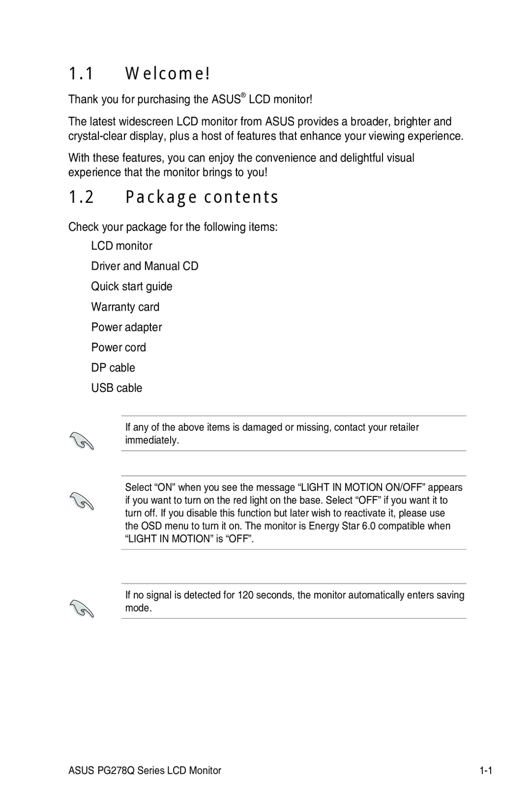 Asus PG278Q manual Welcome, Package contents 